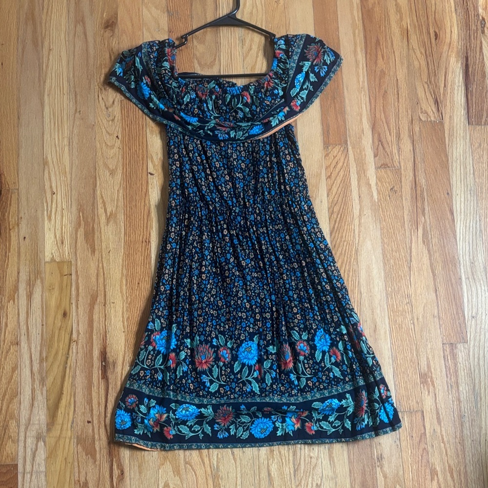 Black Floral Off-Shoulder Mini Dress with Blue & Red Accents